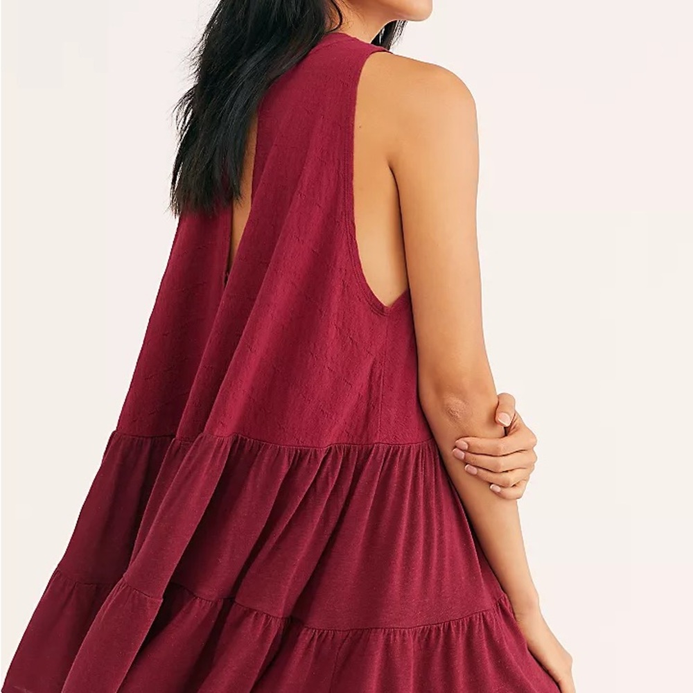 Free People Right on Time Wine Sleeveless Pleated Tiered Ruffled Hem Tunic 3698